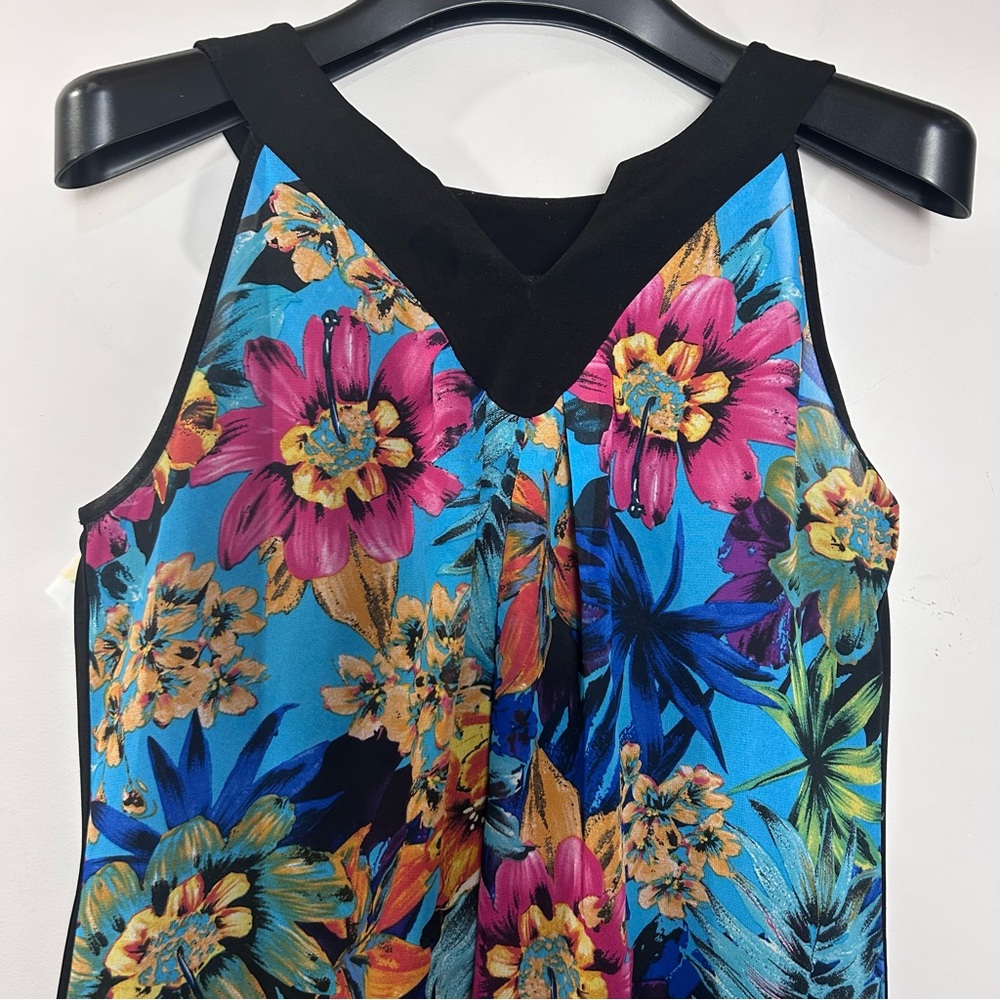 Mandy Evans women’s sleeveless top M colorful floral symmetrical flowing v-neck - Picture 2 of 7